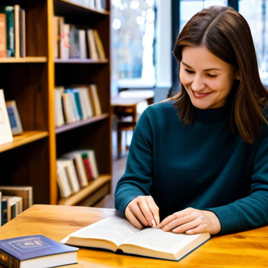 A tranquil scene inside a cozy, well-lit bookstore. A female customer, appearing to be in her 30s-40s, stands calmly, fully clothed in modest, smart casual attire. She is browsing a book on a wooden display table, a subtle, relaxed smile on her face, embodying a sense of quiet enjoyment. The background features blurred bookshelves filled with diverse titles, with soft, warm ambient lighting. A very subtle, warm scent of paper and coffee seems to fill the air, almost imperceptible. High-quality professional photography, natural light, perfect anatomy, correct proportions, natural pose, well-formed hands, proper finger count, natural body proportions, safe for work, appropriate content, professional, family-friendly.