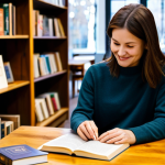 A tranquil scene inside a cozy, well-lit bookstore. A female customer, appearing to be in her 30s-40s, stands calmly, fully clothed in modest, smart casual attire. She is browsing a book on a wooden display table, a subtle, relaxed smile on her face, embodying a sense of quiet enjoyment. The background features blurred bookshelves filled with diverse titles, with soft, warm ambient lighting. A very subtle, warm scent of paper and coffee seems to fill the air, almost imperceptible. High-quality professional photography, natural light, perfect anatomy, correct proportions, natural pose, well-formed hands, proper finger count, natural body proportions, safe for work, appropriate content, professional, family-friendly.