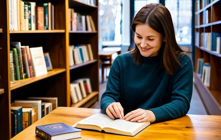 A tranquil scene inside a cozy, well-lit bookstore. A female customer, appearing to be in her 30s-40s, stands calmly, fully clothed in modest, smart casual attire. She is browsing a book on a wooden display table, a subtle, relaxed smile on her face, embodying a sense of quiet enjoyment. The background features blurred bookshelves filled with diverse titles, with soft, warm ambient lighting. A very subtle, warm scent of paper and coffee seems to fill the air, almost imperceptible. High-quality professional photography, natural light, perfect anatomy, correct proportions, natural pose, well-formed hands, proper finger count, natural body proportions, safe for work, appropriate content, professional, family-friendly.