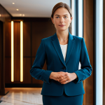 A professional woman in a modest, elegant business suit, standing in a sophisticated, warmly lit hotel lobby with modern Scandinavian design elements. The atmosphere is calm and inviting, reflecting a subtle, comforting aura. She has perfect anatomy, correct proportions, and a natural pose. The image is a professional photograph, high quality, fully clothed, appropriate attire, safe for work, professional, well-formed hands, proper finger count, natural body proportions.
