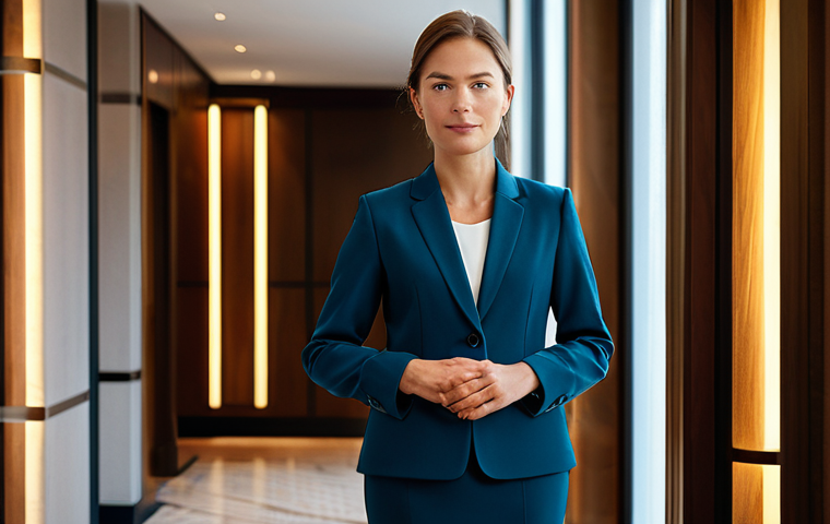A professional woman in a modest, elegant business suit, standing in a sophisticated, warmly lit hotel lobby with modern Scandinavian design elements. The atmosphere is calm and inviting, reflecting a subtle, comforting aura. She has perfect anatomy, correct proportions, and a natural pose. The image is a professional photograph, high quality, fully clothed, appropriate attire, safe for work, professional, well-formed hands, proper finger count, natural body proportions.