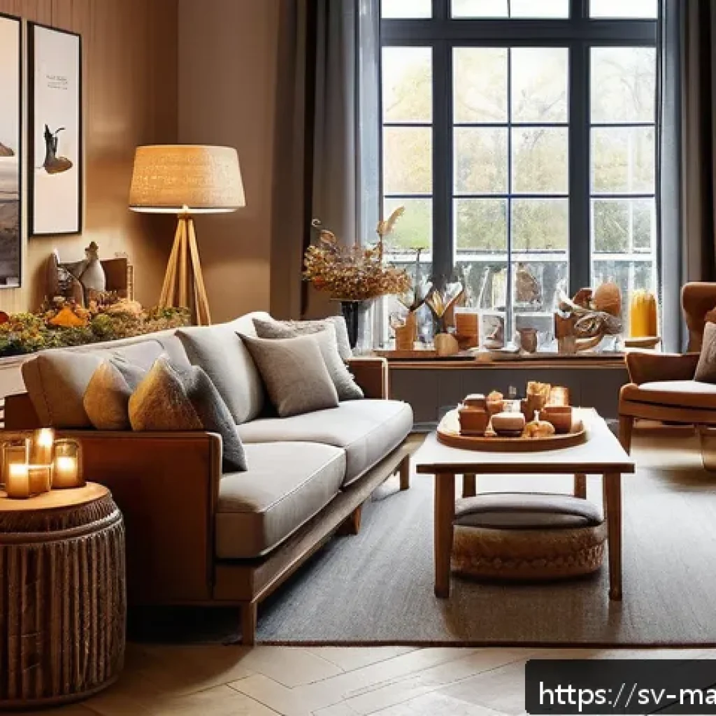 향기 마케팅과 계절적 요소 - A cozy Swedish autumn-themed boutique interior filled with warm lighting, wooden furniture, and rust...