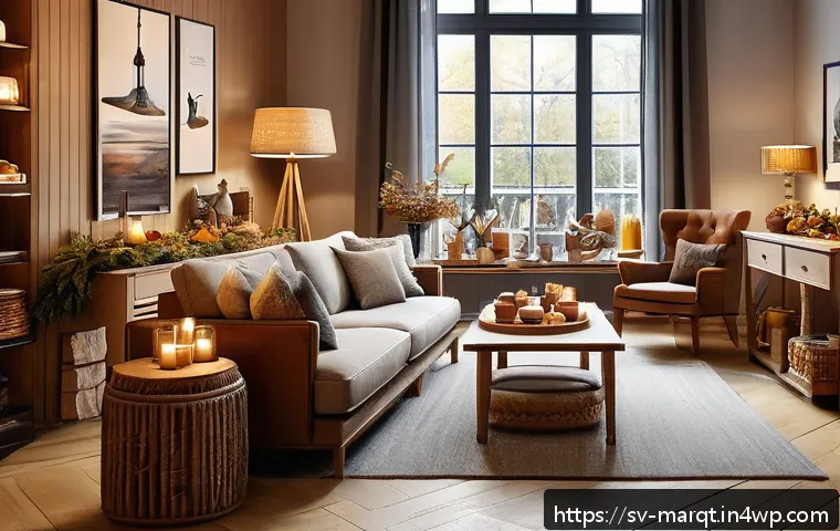 향기 마케팅과 계절적 요소 - A cozy Swedish autumn-themed boutique interior filled with warm lighting, wooden furniture, and rust...